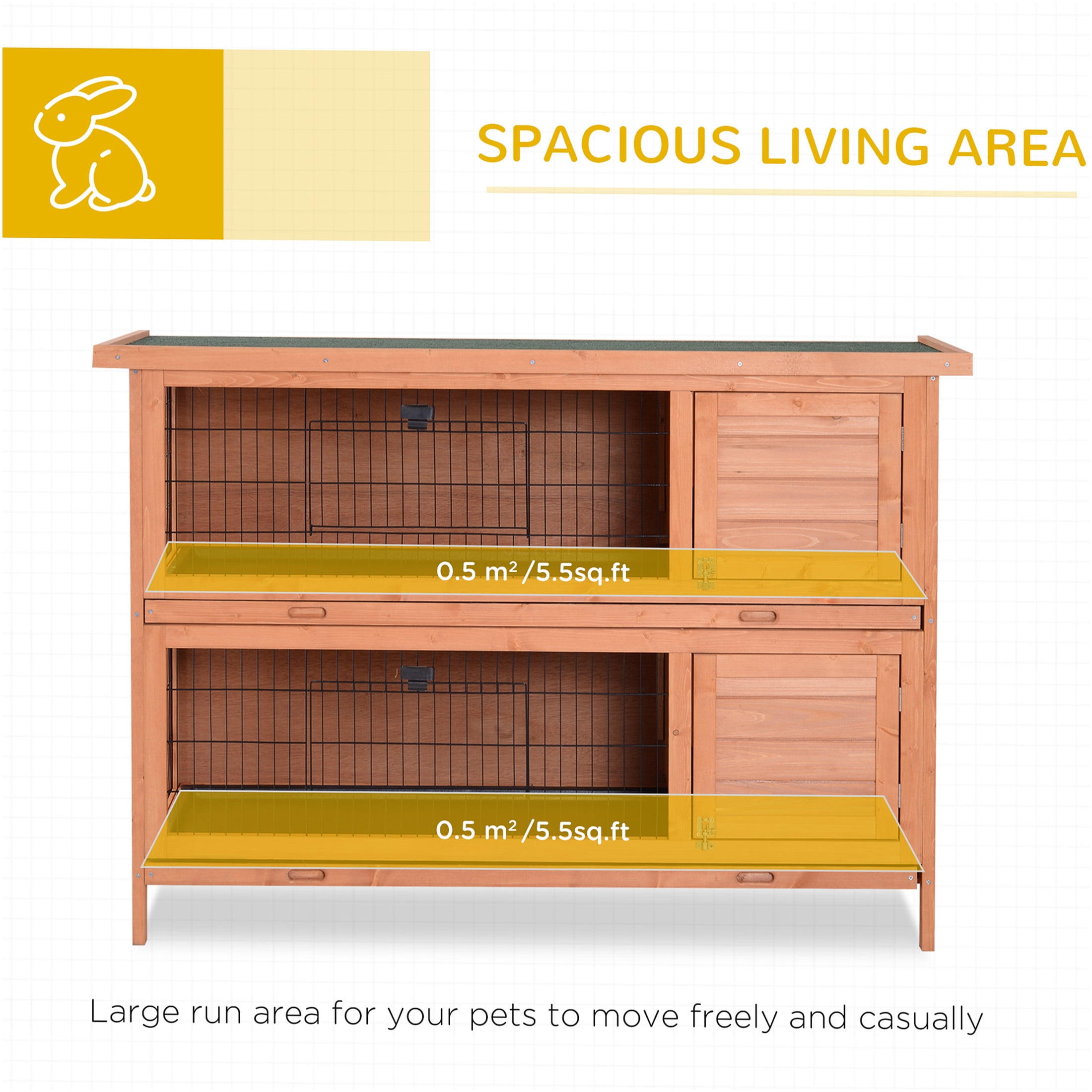JERFIT 2-Tier Wooden Rabbit Hutch with Outdoor Run, Pull-Out Tray & Waterproof Asphalt Roof, Small Animal Cage House for Rabbits, Guinea Pigs, Bunnies