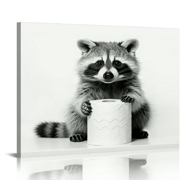 Hidden Frame Canvas Wall Art - Cute Raccoon Holding Toilet Paper Roll Playful Popular Wall Decor for Bathroom & Restroom 16x12in