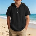 thumbnail image 2 of FSYBOA Boys Cotton Linen T Shirt Size 10-12T, Hooded Casual Short Sleeve Henley Neck Kids Summer Tops Black, 2 of 9