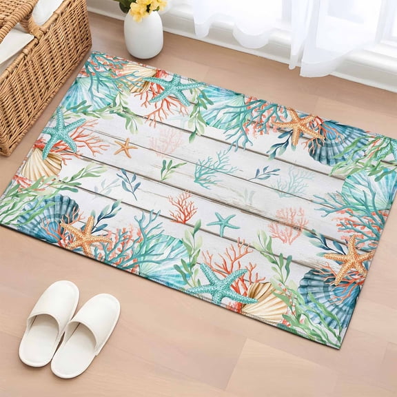Beach Coastal 2'x3' Washable Rug, Summer Coral Starfish Nautical Ocean Retro Non-Slip Soft Doormat Area Rugs for Entrance Bathroom Bedsides, Carpet for Kitchen Bedroom, Entryway Floor Mat