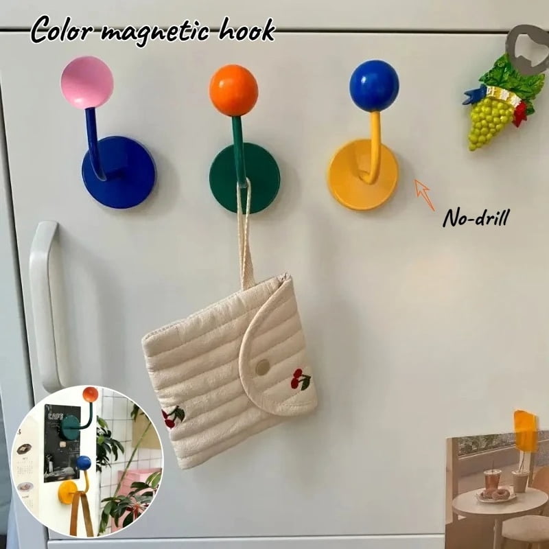 3PC Magnetic Hook  Colored Wooden Ball Contrast Metal Punch Free No Trace Refrigerator Decorative Storage Hook