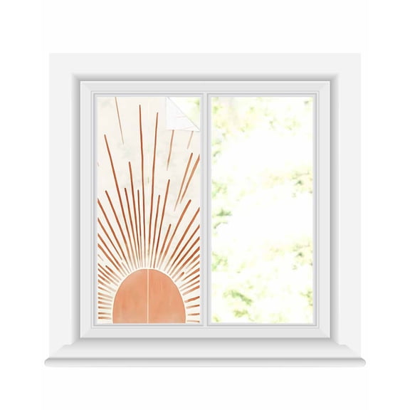 Window Privacy Film Orange Sunshine Stained Glass Window Film Decorative Sun Block Window Cover Lines Retro Abstract Middle Century Window Clings Static Adhesive Sticker for Bathroom 17.7"x39.3"