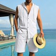 thumbnail image 2 of Migroa Mens 2 Piece Linen Set Outfits Sleeveless Hoodies And Drawstring Casual Track Shorts Set Beach Tank T Shirts Solid Sets White L, 2 of 8