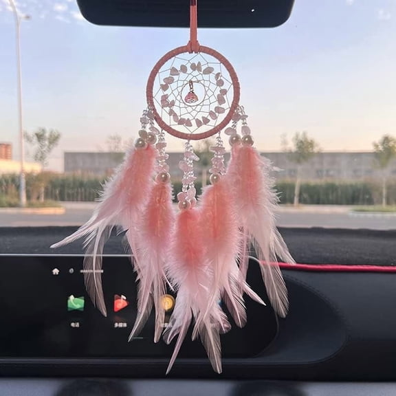 1Pc Dream Catcher Natural Rose Quartz Woven Web Net with Pendant Decorations with Imitation Pearl Covered with Cotton Lace Villus Cord 470mm Colorful