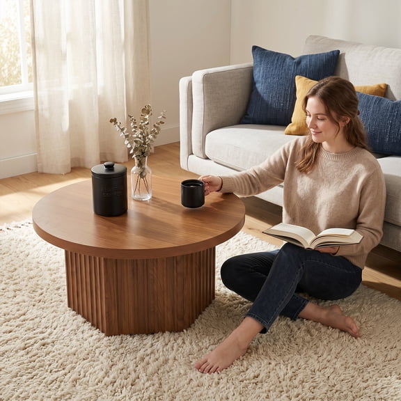 Round Coffee Table, Fluted Pedestal Coffee Table, Wood Grain Circle Cocktail Table for Living Room, Modern Accent Center Table - brown