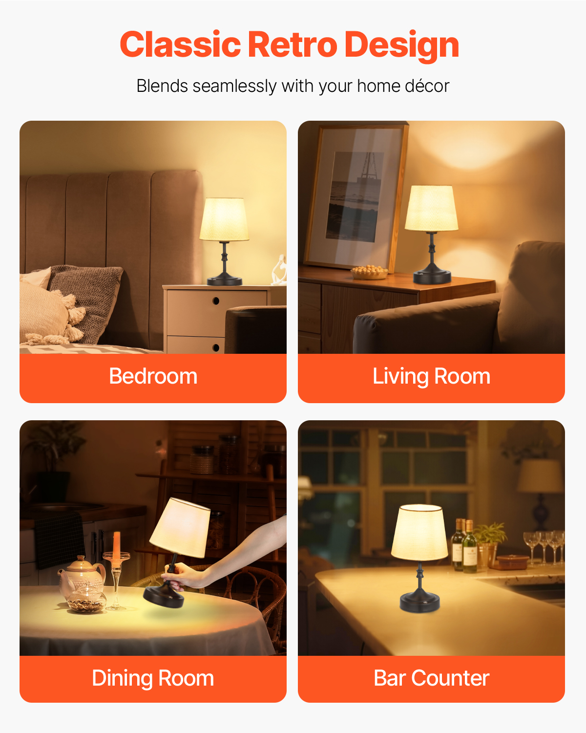 VEVOR Cordless Table Lamp, 5200mAh Built-in Rechargeable Battery Small Desk Lamp, 3-Level Brightness, Fabric Shade, 2700-3000K Color Temperature, Table Light for Restaurant, Bedroom, Bars, Black