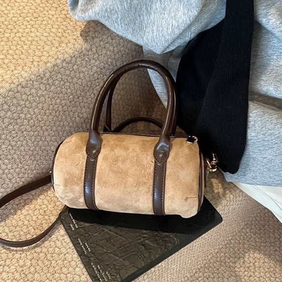 Faux Suede Boston Barrel Bag for Women, PU Leather Crossbody Tote Purse with Handle, Vintage Versatile Handbag for Daily Commute Travel Shopping Dating