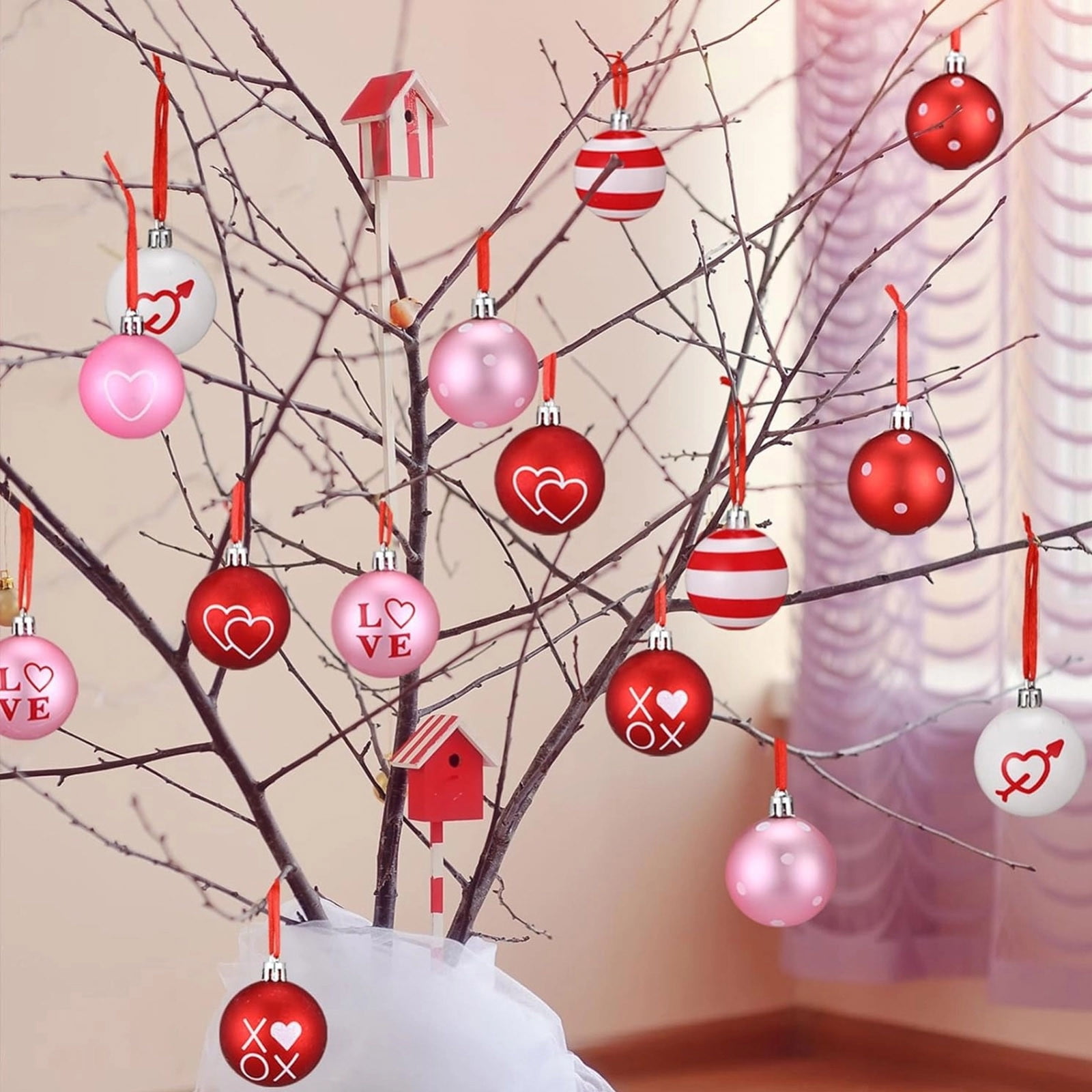 Valentine's Day Heart Ornaments Set - 12 Pieces Red Heart-Shaped Hanging Decor for Home Indoor Party Wedding Table Fireplace Mantel