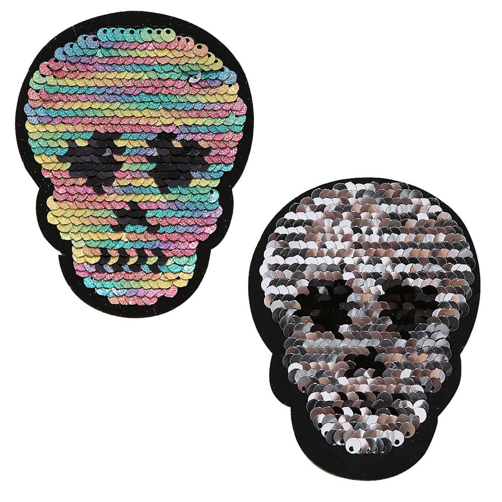 Reversible Sequin Skull Embroidery Applique Patch for Jeans Jacket Iron On 