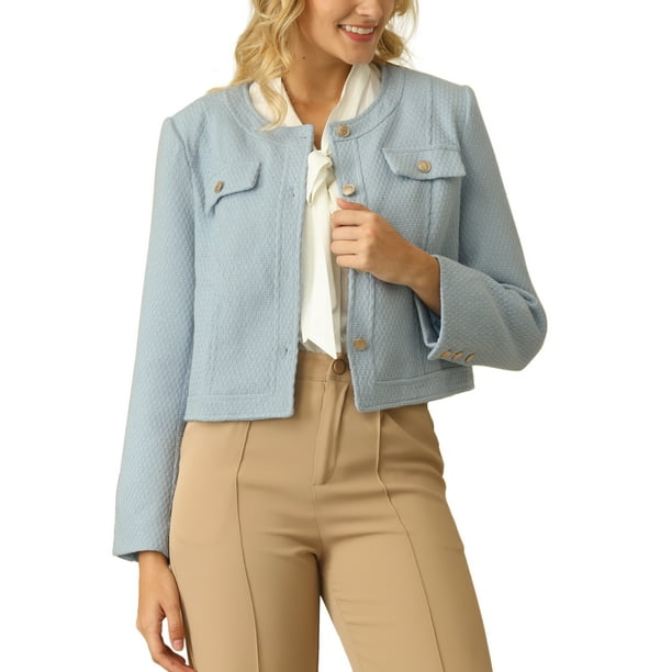 BLAZER CORTO DE TRABAJO PARA MUJERES INSPIRE CHIC DE MANGA LARGA ELEGANTE CHAQUETA DE TWEED M AZUL