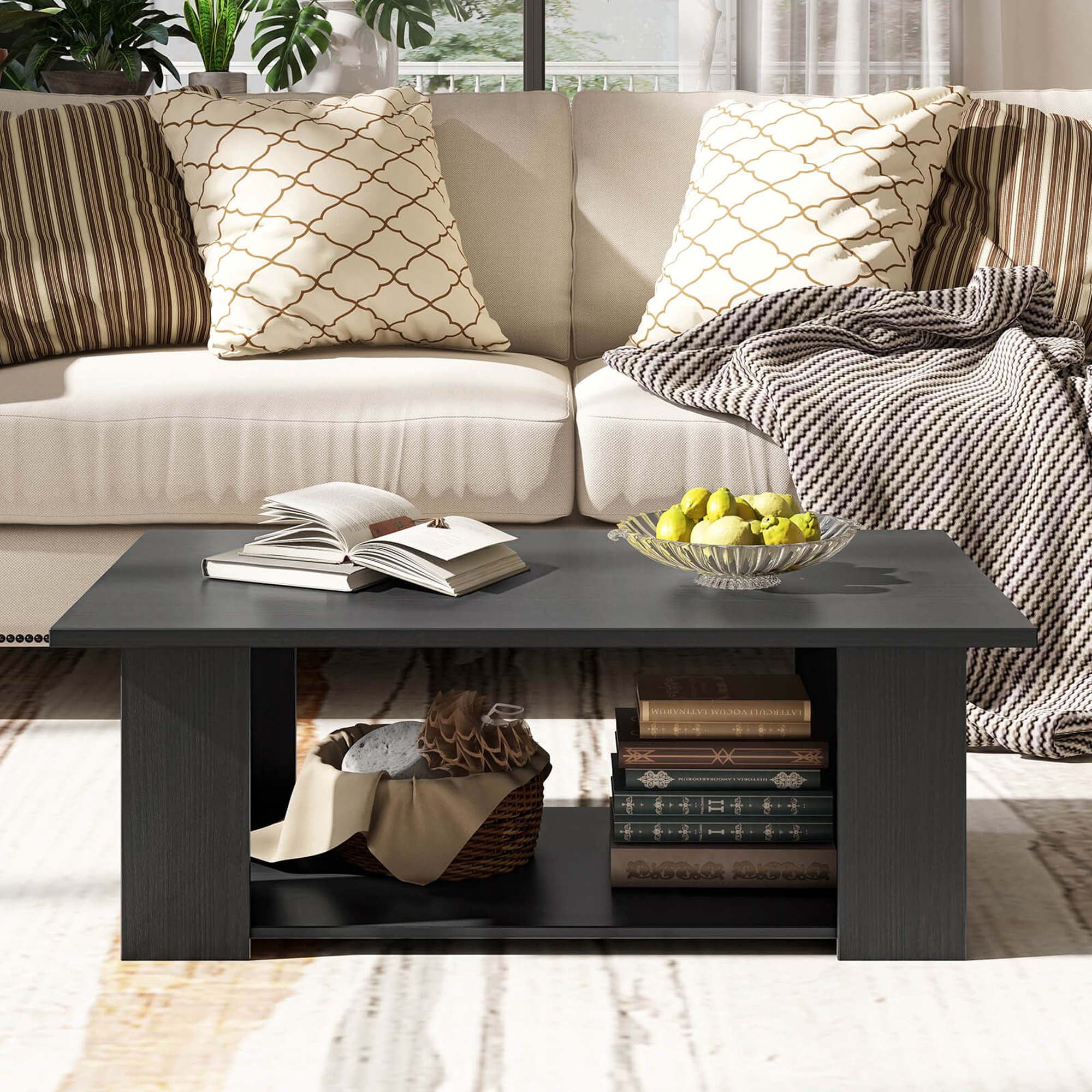 Costway Coffee Table 2-Tier Modern Center Cocktail Table with Storage Shelf for Living Room Black