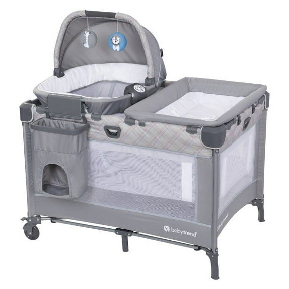 Baby Trend Nursery Den Playard with Dome Napper, Changing Table & Diaper Stacker - Madrid Plaid Design