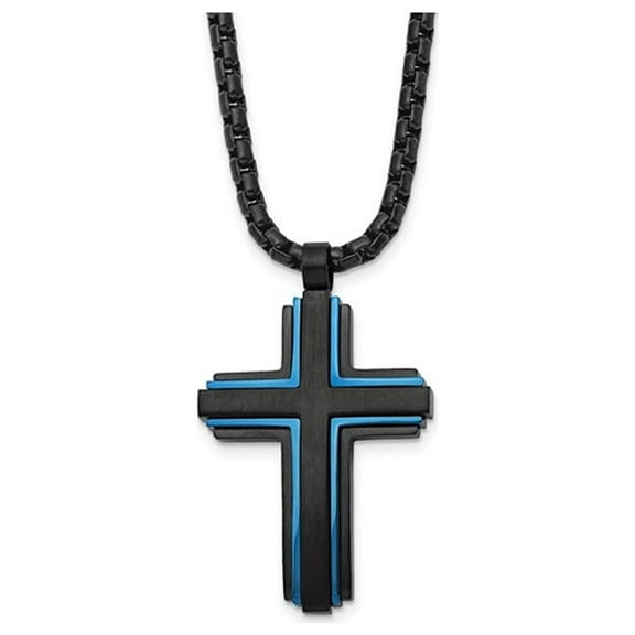 Gem & Harmony Mens Stainless Steel Blue and Black Cross Necklace with Chain for Men