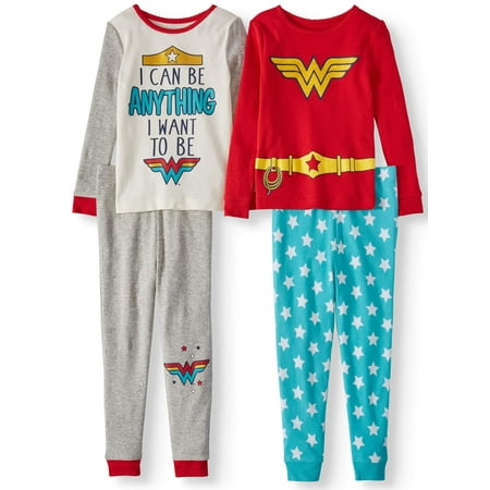 Wonder Woman Toddler Girls' Long Sleeve Top and Pants Pajamas, 4-Piece Set