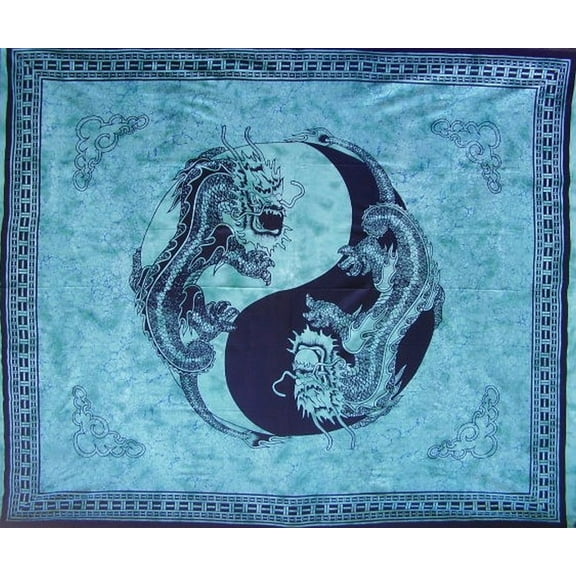 Yin Yang Dragon Tapestry Cotton Bedspread 108" x 88" Full-Queen Turquoise