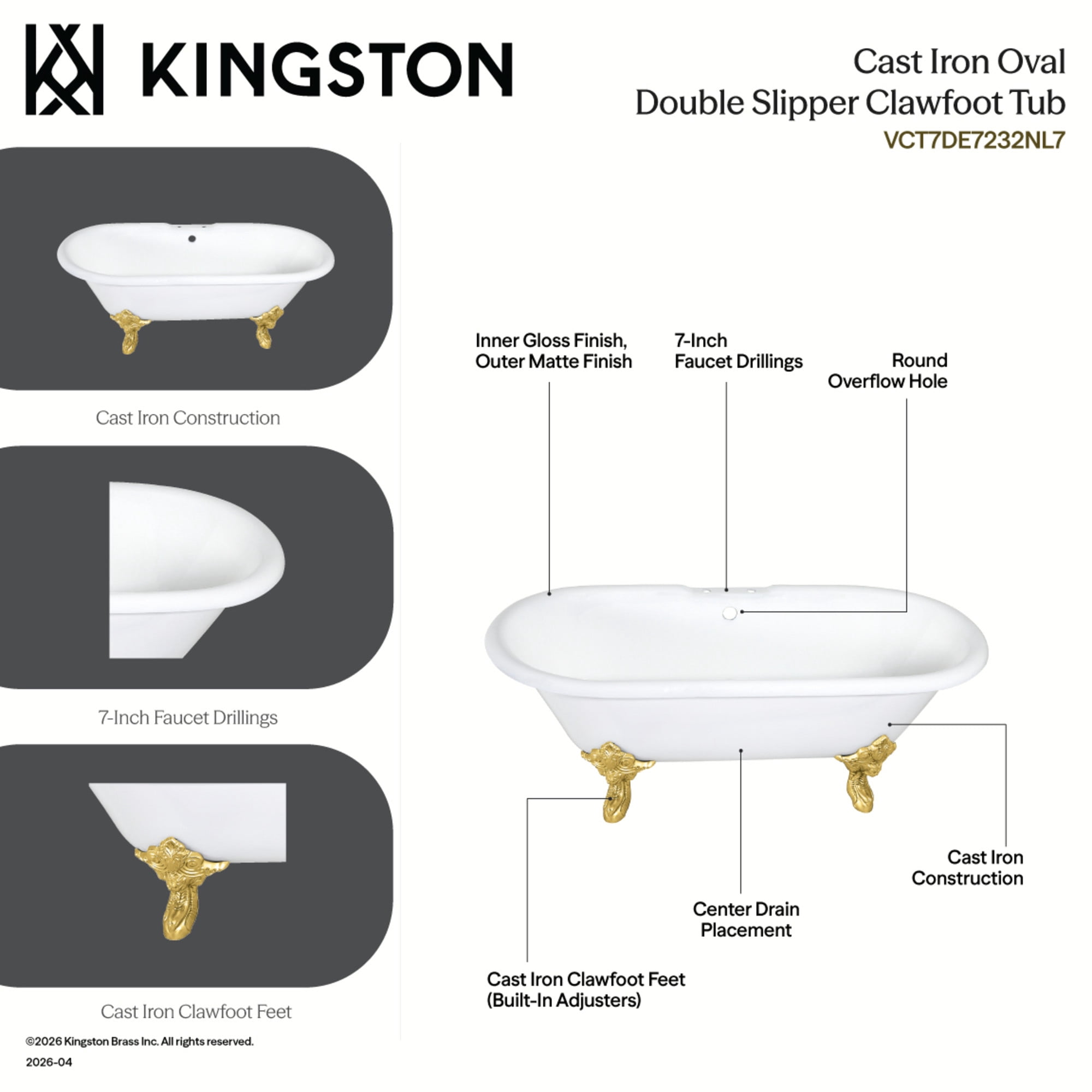 Aqua Eden VCT7DE7232NL7 72-Inch Cast Iron Oval Double Ended Clawfoot Tub (7-Inch Faucet Drillings) in White/Brushed Brass