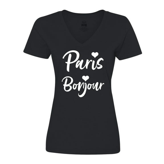 Inktastic Paris Bonjour with Hearts in White Text Women's V-Neck T-Shirt