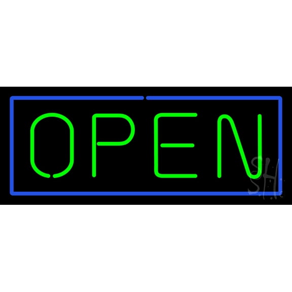 Open - Horizontal Green Letters with Blue Border LED Neon Sign 10 x 24 - inches, Clear Edge Cut Acrylic Backing, with Dimmer - Bright and Premium built indoor LED Neon Sign for storefront.