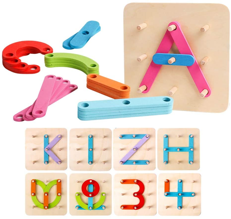 Amerteer Wooden Letter Number Construction Puzzle Educational Stacking Blocks Toy Set Shape Color Sorter Pegboard Activity Board Sort Game for Kids Toddler Gift Preschool Learning STEM Toy