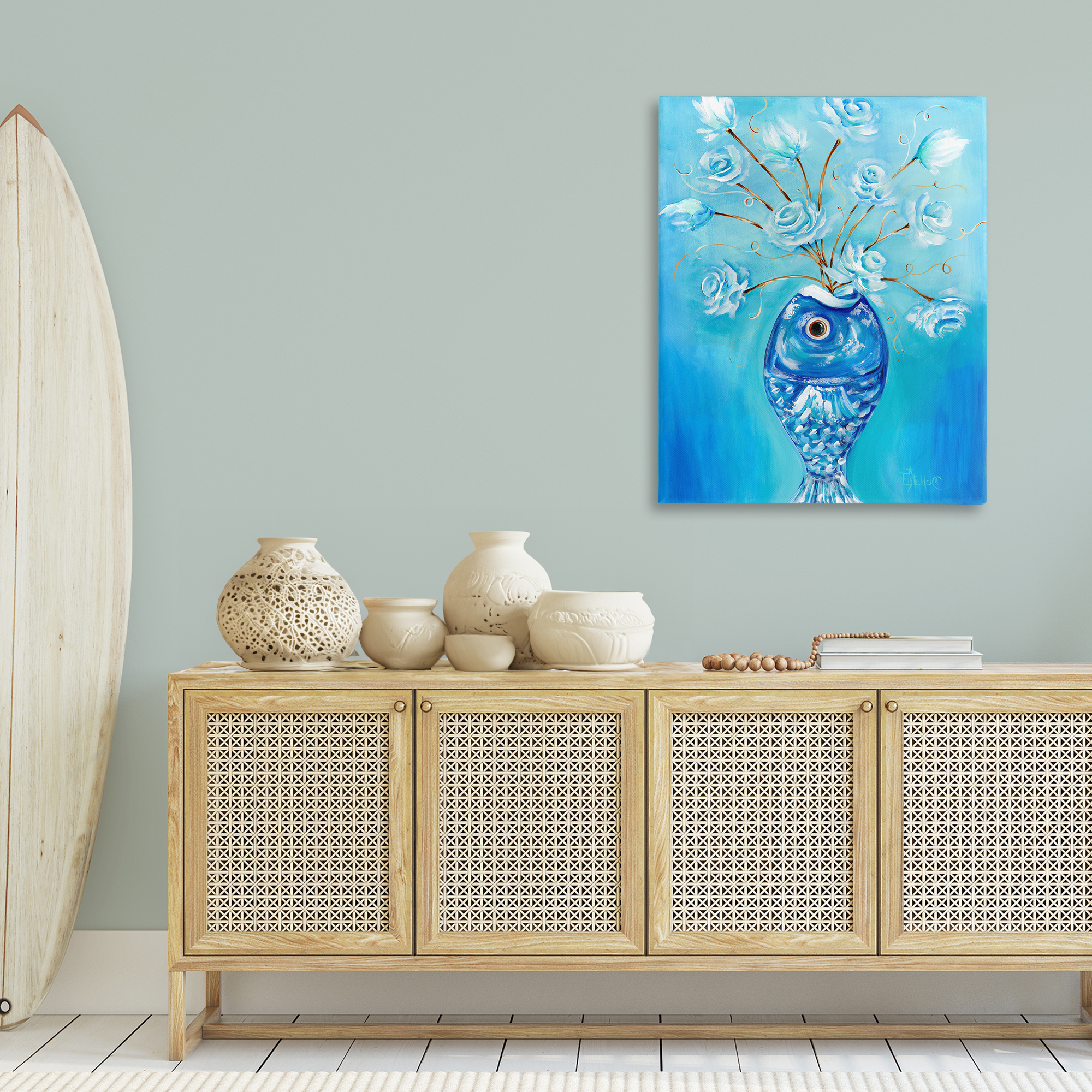 Stupell Industries Fish Vase Bouquet Botanical & Floral Painting Gallery Wrapped Canvas Art Print Wall Art, 30 x 40