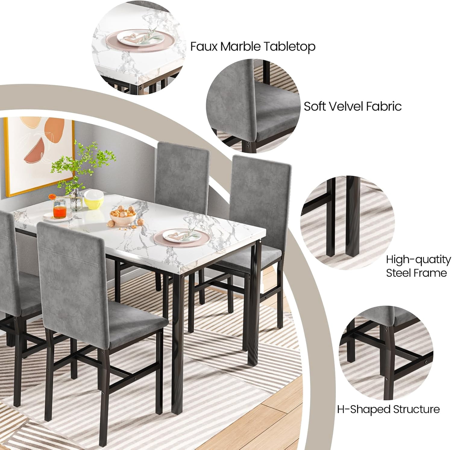Cvortll 5-Piece Dining Table Set for 4, Modern Faux Marble Dining Table with 4 Velvet Chairs, White & Grey
