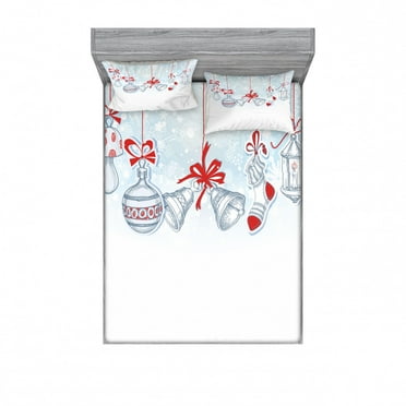 Ambesonne Christmas Fitted Sheet & Pillow Sham Set, Retro, Full, White Orange and Blue