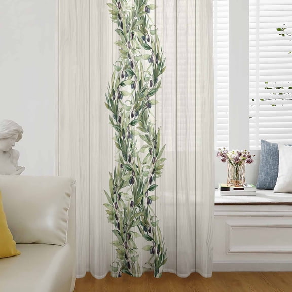 Sage Green Leaves Semi Sheer Curtains Drapes for Living Room, Bedroom, French Doors Window 84 Inches Long, Summer Botanical Retro Art Wooden Rod Pocket Chiffon Curtain Drapery Voile Draperies Panel