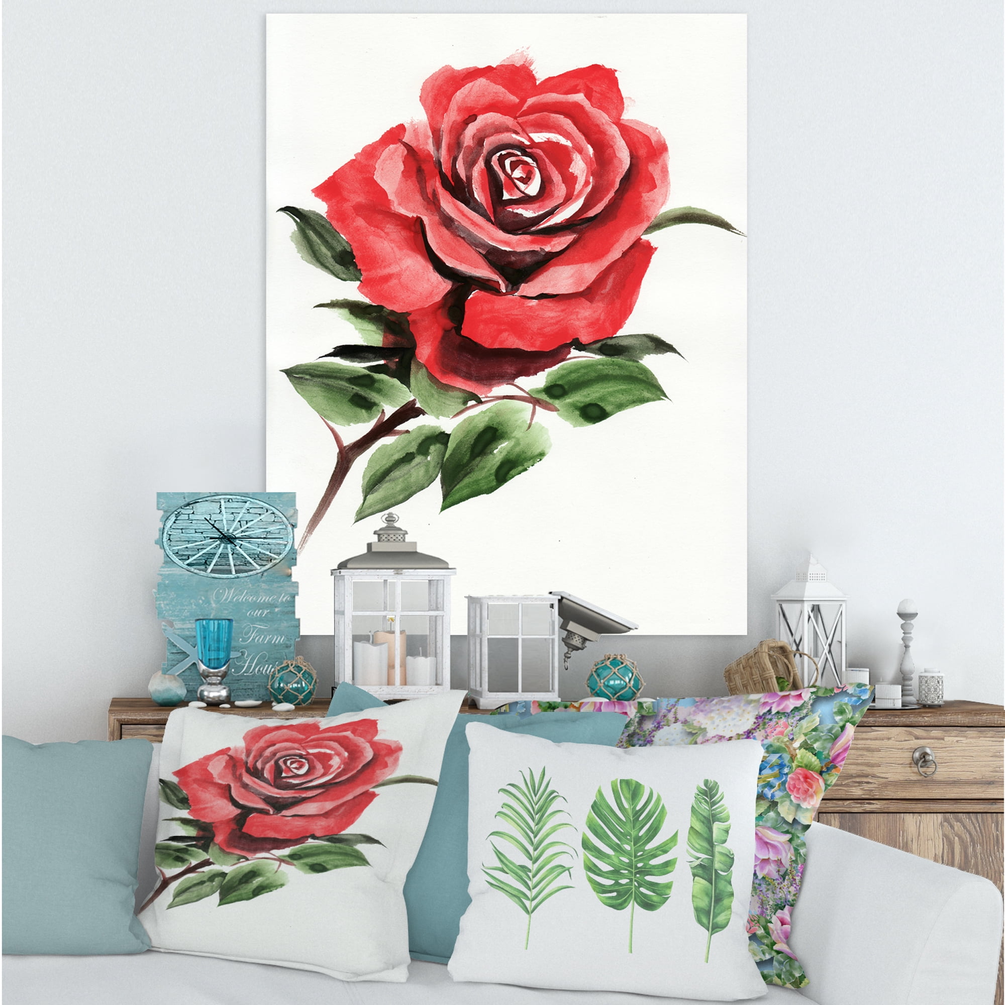 Designart ' Ancient Red Rose Flower III ' Traditional Canvas Wall Art Print