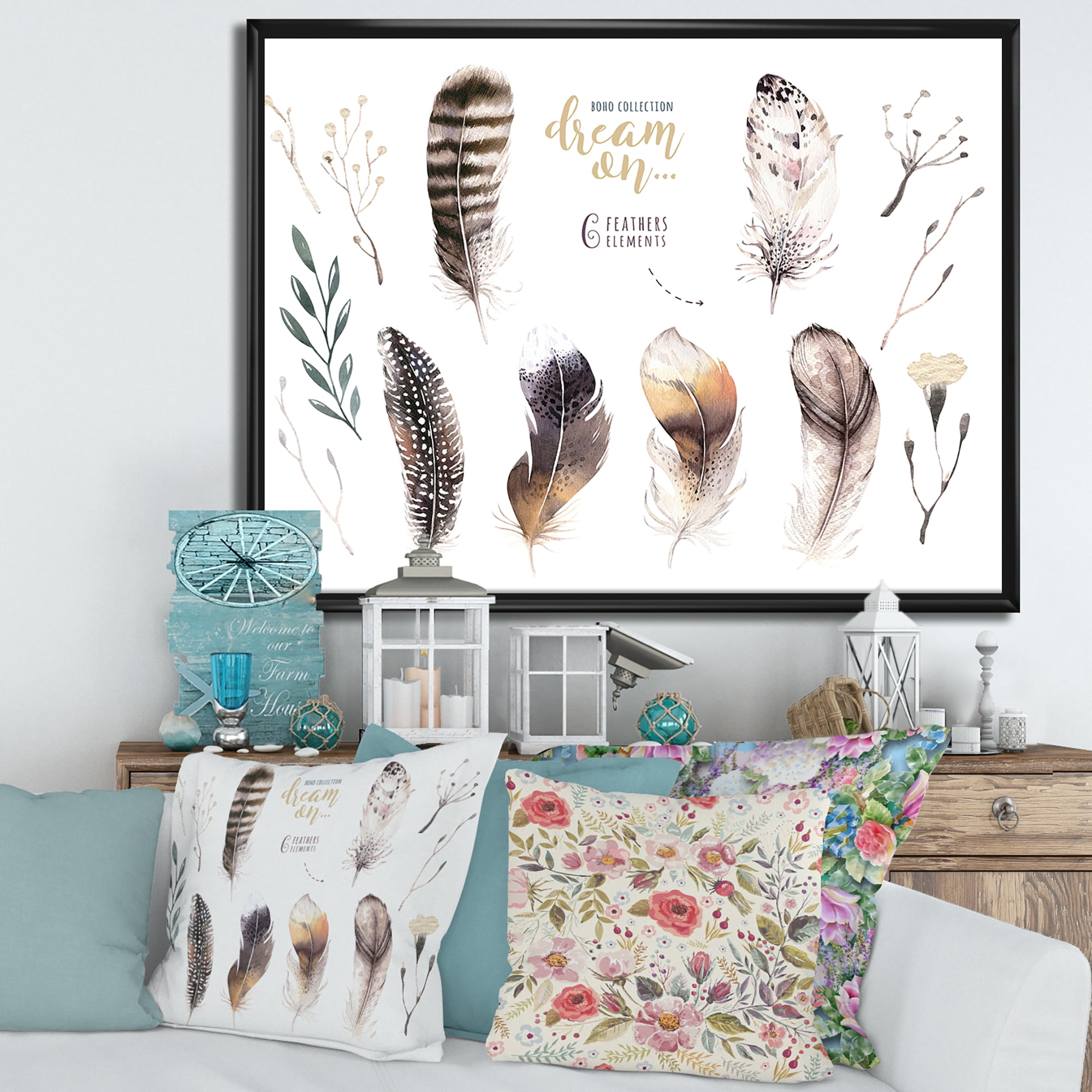 Designart 'VIbrant Orange Boho Feathers' Bohemian & Eclectic Framed Canvas Wall Art Print