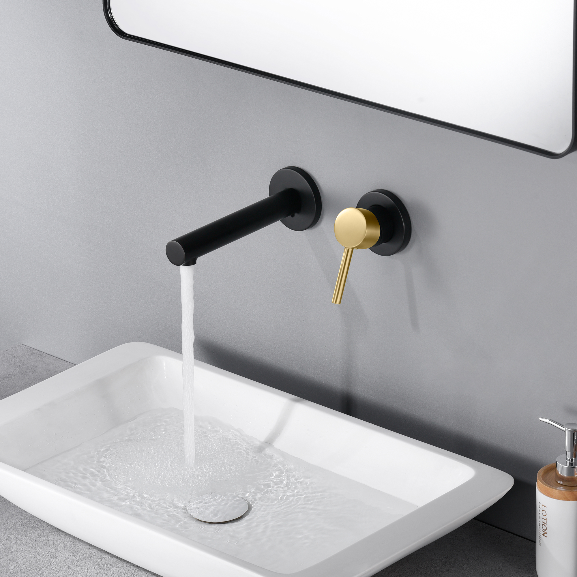 SUMERAIN Wall Mounted Bathroom Sink Faucet Black and Gold Finish, Lavatory Faucet with Single Handle and Rough in Valve