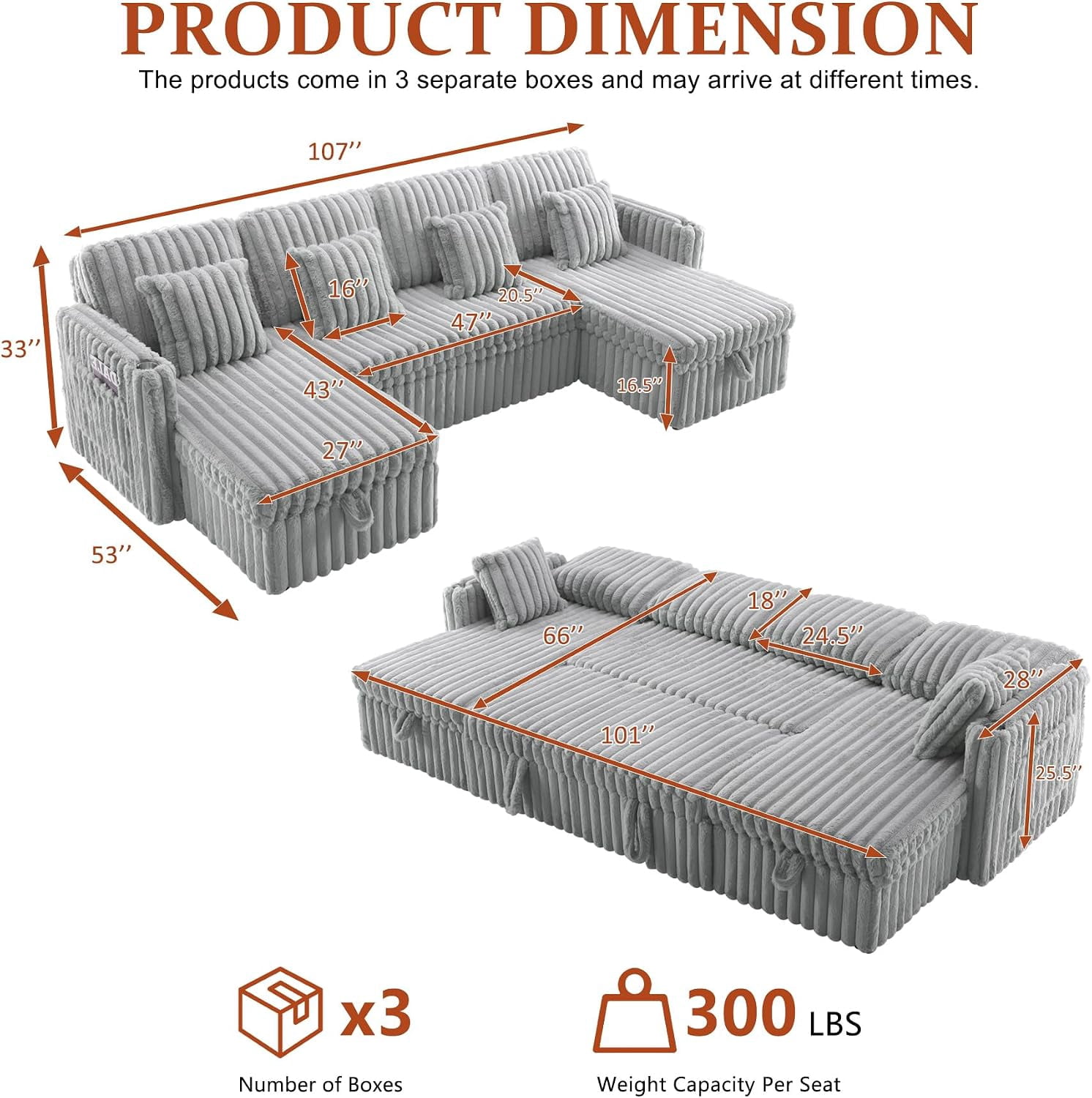 Howcool 107" U Shaped Sectional Sleeper Sofa, Pull Out Couch with Storage Chaise, Adjustable Backrest, USB Charger, Cup Holders & Side Pockets, Corduroy Sofa Bed for Living Room, Light Gray