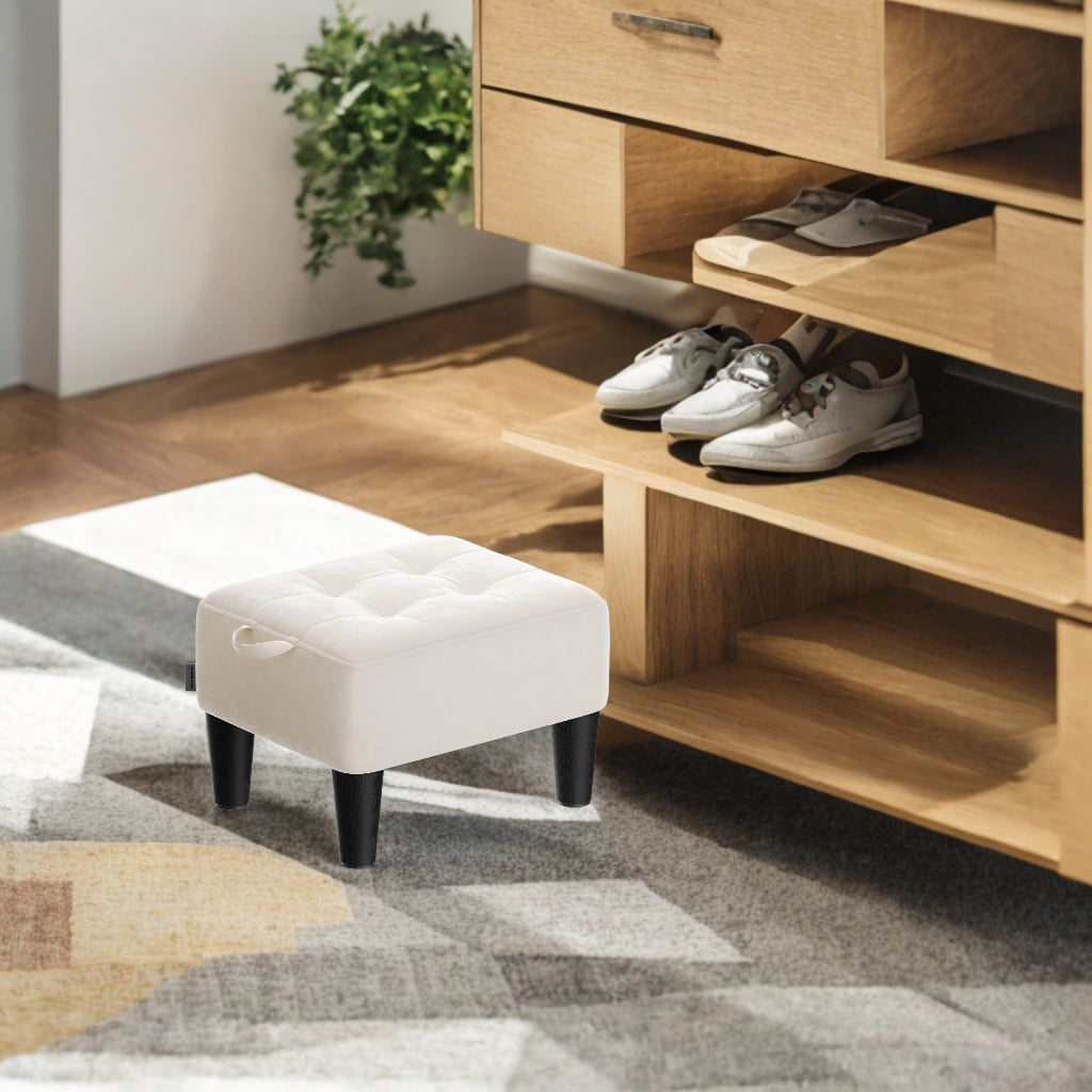 LEDREM Small Ottoman Foot Stool with Thick Cushion, Footrest with Sturdy Angled Legs for Living Room, Bedroom, Entryway, Cream White