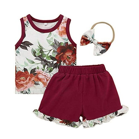 

Styles I Love Baby Toddler Girls Floral Print Tank Top and Shorts with Headband 3pcs Cotton Outfit Baby Girls Spring Summer Clothing Set (Red 100/18-24 Months)