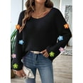 thumbnail image 6 of Women'S Long Sleeve Off the Shoulder Sweaters 2025 Casual Ribbed Knit Flower Loose Slouchy Pullover Tops Black S, 6 of 7