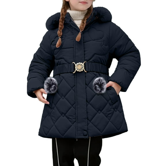Krdevn Girls Long Coat Winter Warm Thickened Downlike Jacket with Hood Windproof Outerwear for Toddler Kids,11-12 Years