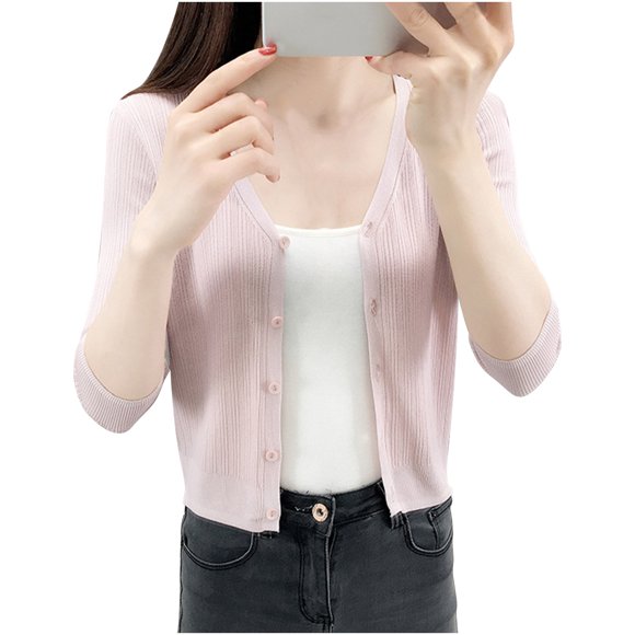 Économies d'Automne! srobpty Cardigan Veste pour Femme à Manches 3/4, Manteau Tricoté à Col Cardigan Décontracté Uni de Printemps pour Femme à Boutons à Manches 3/4 Rose, TTG