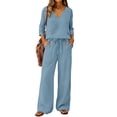 thumbnail image 2 of Lekode Womens Linen Set Boho Summer Pajamas Beach Vacation Outfits V Neck Blouses V Neck Two Piece Sets for Women Solid Blouses Tops Roll-up Sleeve Top Linen Pants Set Gauze Capri Set Blue L, 2 of 7