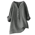thumbnail image 4 of Blusa holgada de algodón y lino con cuello alto, manga larga y botones en color liso, 4 of 5