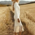 thumbnail image 3 of MORTTIC Women's Solid Color Fringe Zip-Front Bodycon Dress, Bohemian Stand Collar Long Sleeve Mini Dress Apricot，S, 3 of 5