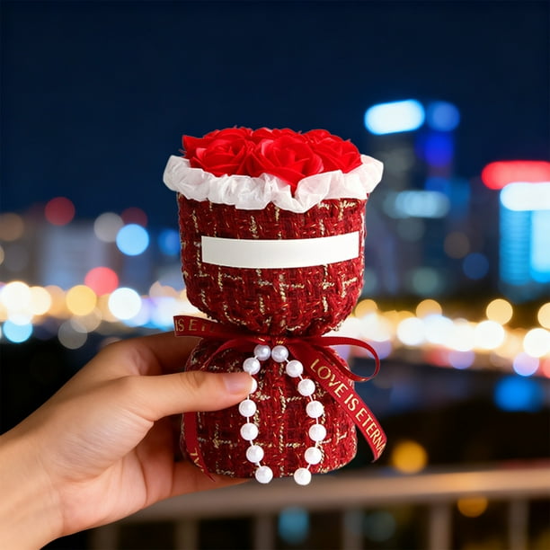 1Pcs Rose Simulation Flowers Mini Bouquet Plastic Material in Watermelon Red Textured Fabric Wrapping with Ornaments for Valentines Day Gift to Send Girlfriend 5.91x3.94x3.94" JASKFLY