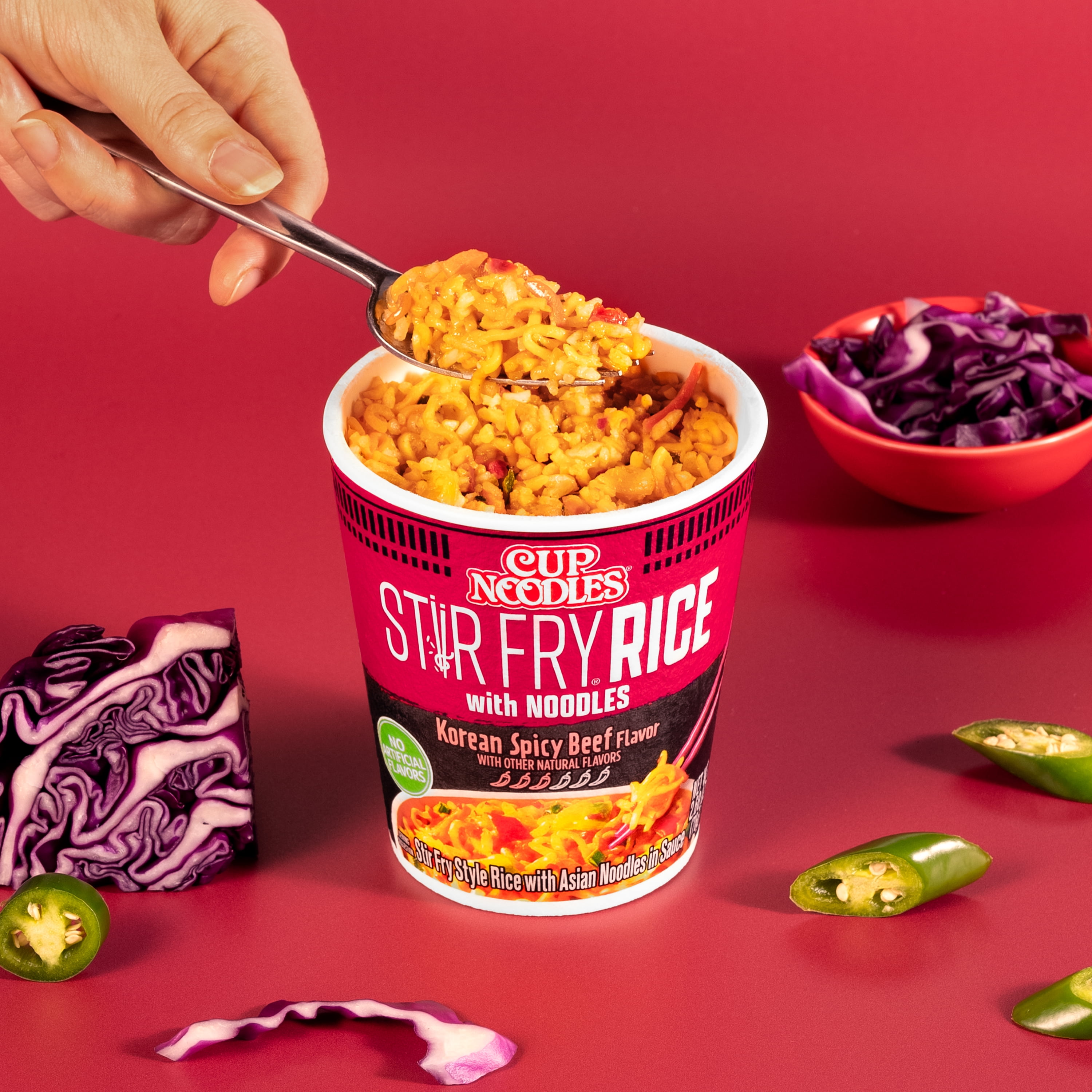 (6 pack) Nissin Foods Cup Noodles Stir Fry Rice with Noodles, Korean Spicy Beef Flavor, 2.36 oz Cup, Shelf-Stable