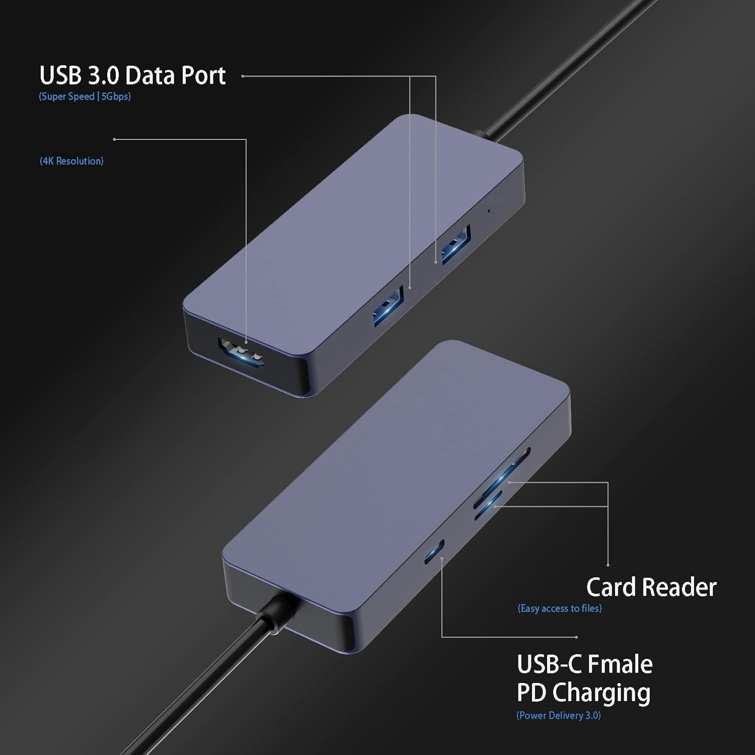 USB C Hub, Adapter USB C Dongle for MacBook Pro/Air Ipad Pro, 6 in 1 USB C to HDMI Multport Adapter, for Laptop, Surface Pro 8 and More(4K HDMI USB 3.0 SD/TF Card Reader 100W PD)