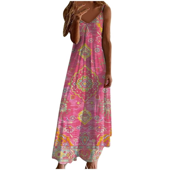 asdoklhq Jumper Dress for Women Cocktail Dress Summer Dresses for Women Print Sleeveless Round Neck Dress Casual Long Dresses Multicolor 3X