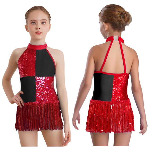 dPois Robe de Danse Latine Jazz à Paillettes pour Filles Enfants Tango Rumba Samba Costume de Performance de Danse à Franges Rouge 10