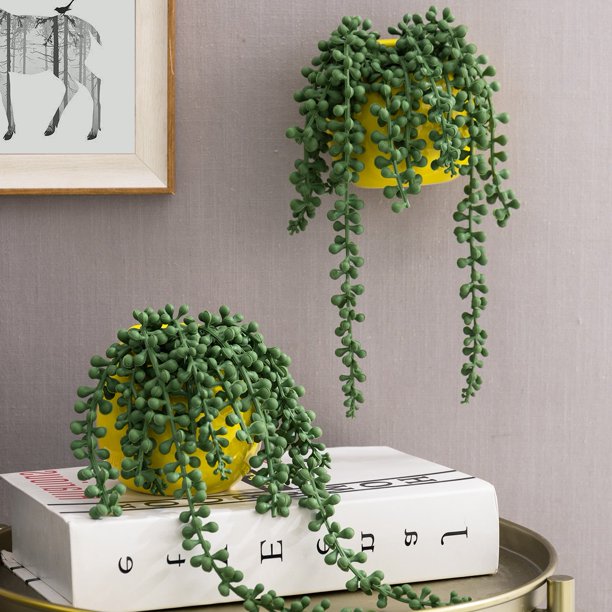 MyGift Artificial String of Pearls Plants in Yellow Wall Hanging