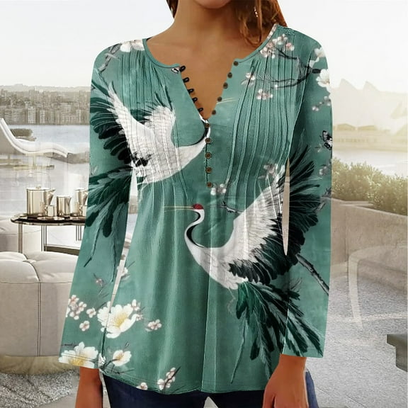 YOTAMI Women's Button Up Tops Floral Print Ruffled Plus Size Blouse for Fall Winter V-Neck Long Sleeve Casual Clothes Multicolor L