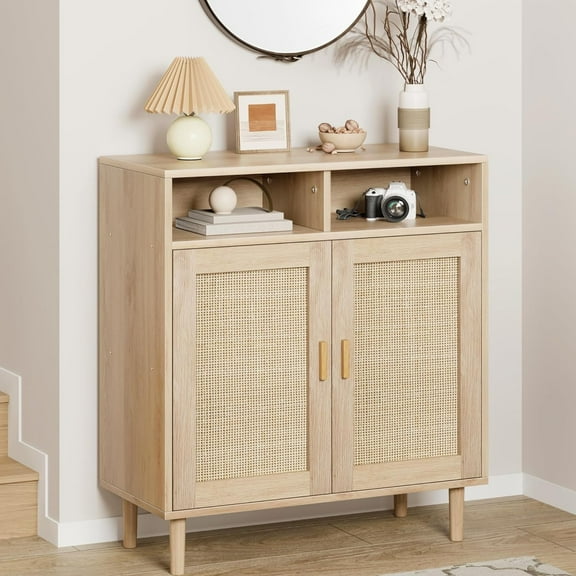 Sideboard Buffet Storage Cabinet, Rattan Kitchen Cabinet with 2 Doors/Shelf, Accent Modern Dining Living Room Entry Hallway Coffee Bar Furniture for Home Decor,36''H