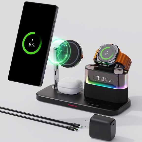 SIKAI CASE 5-in-1 Magnetic Wireless Charging Station with Alarm Clock and RGB Night Light for Samsung Galaxy S25/S24/S23 Ultra, Watch 7/6/5, Buds