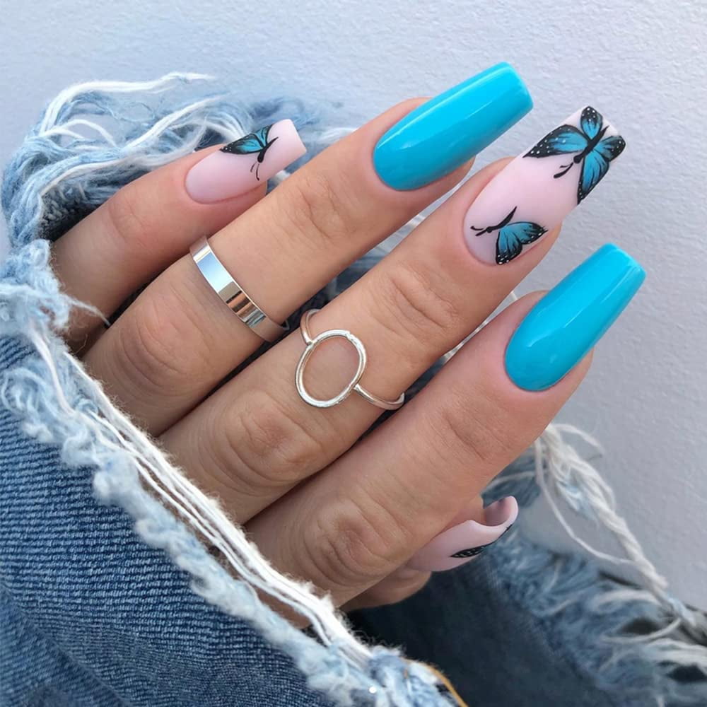 Coffin Press On Nails Medium Blue Butterfly Full Cover Acrylic Fake
