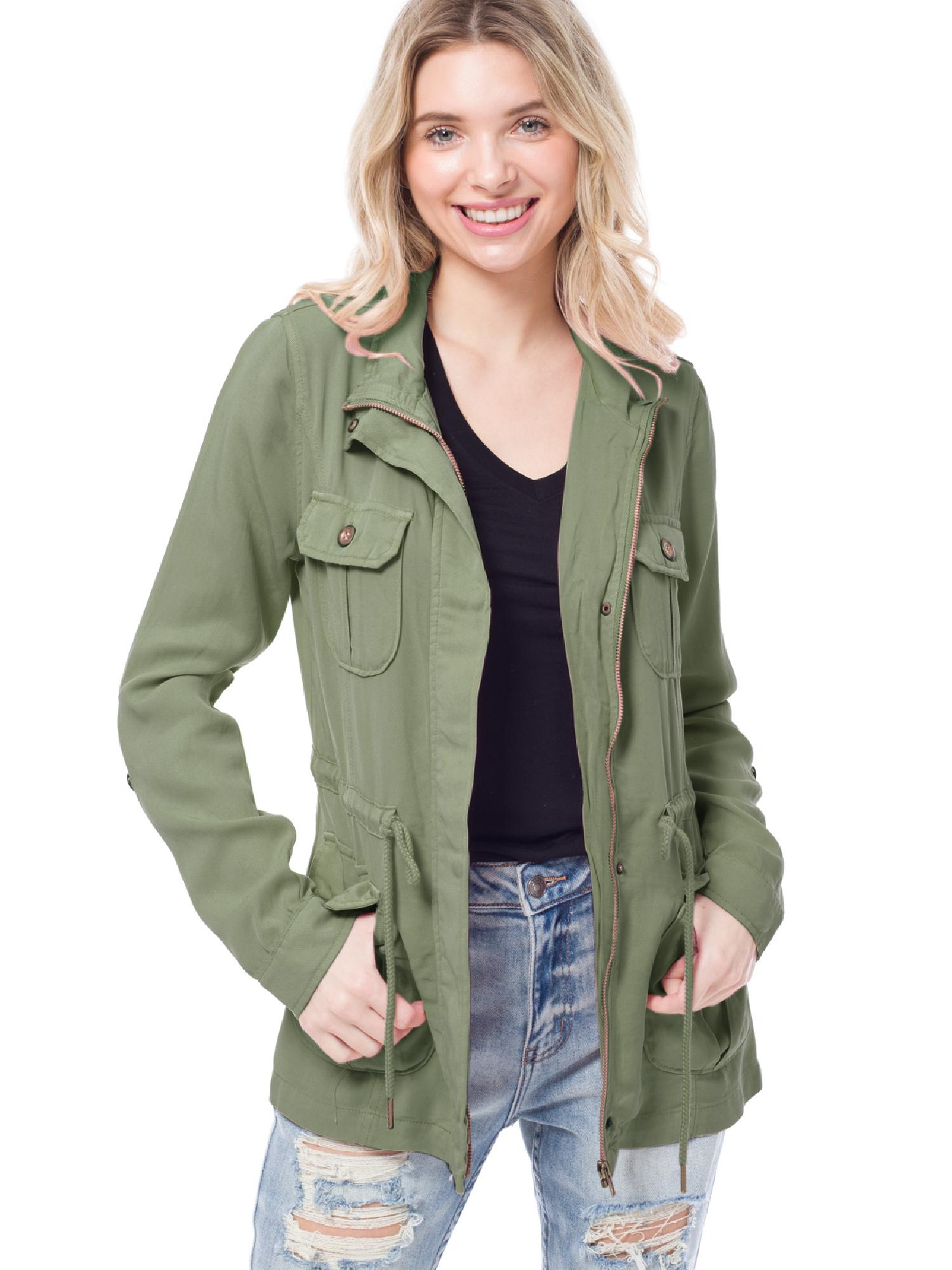 MixMatchy Women's Color Tencel Zip Up Snap Button Safari Military
